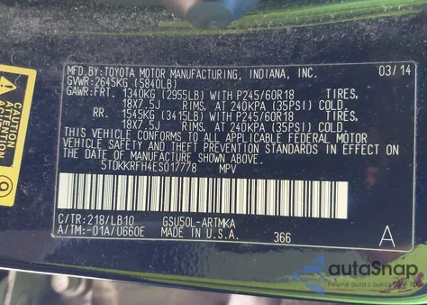 2014 Toyota Highlander Xle V6 из США, поврежденный, VIN 5TDKKRFH4ES017778